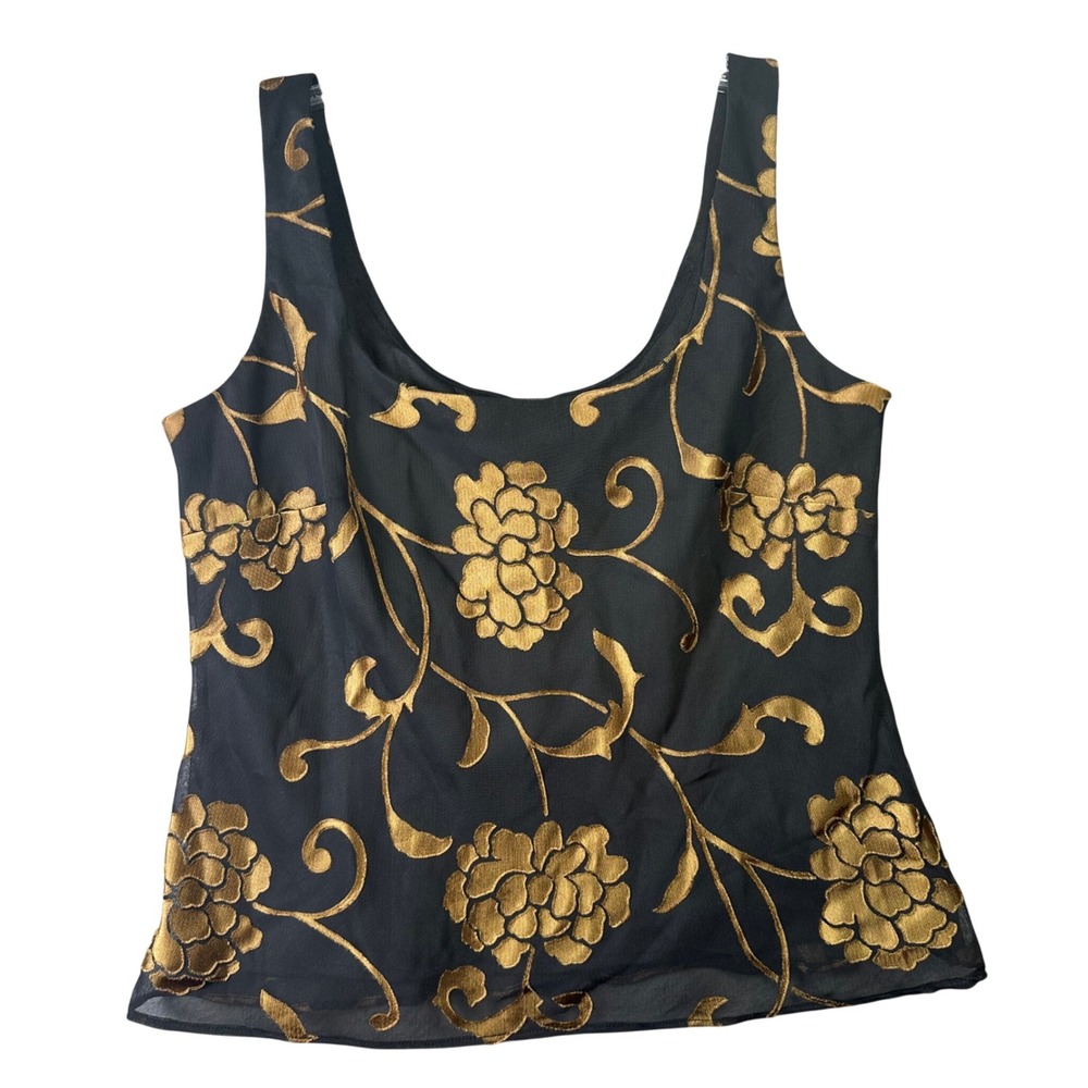Alex Evenings Gold Floral Flocked Mesh Tank Top Whimsigoth Evening Small Black